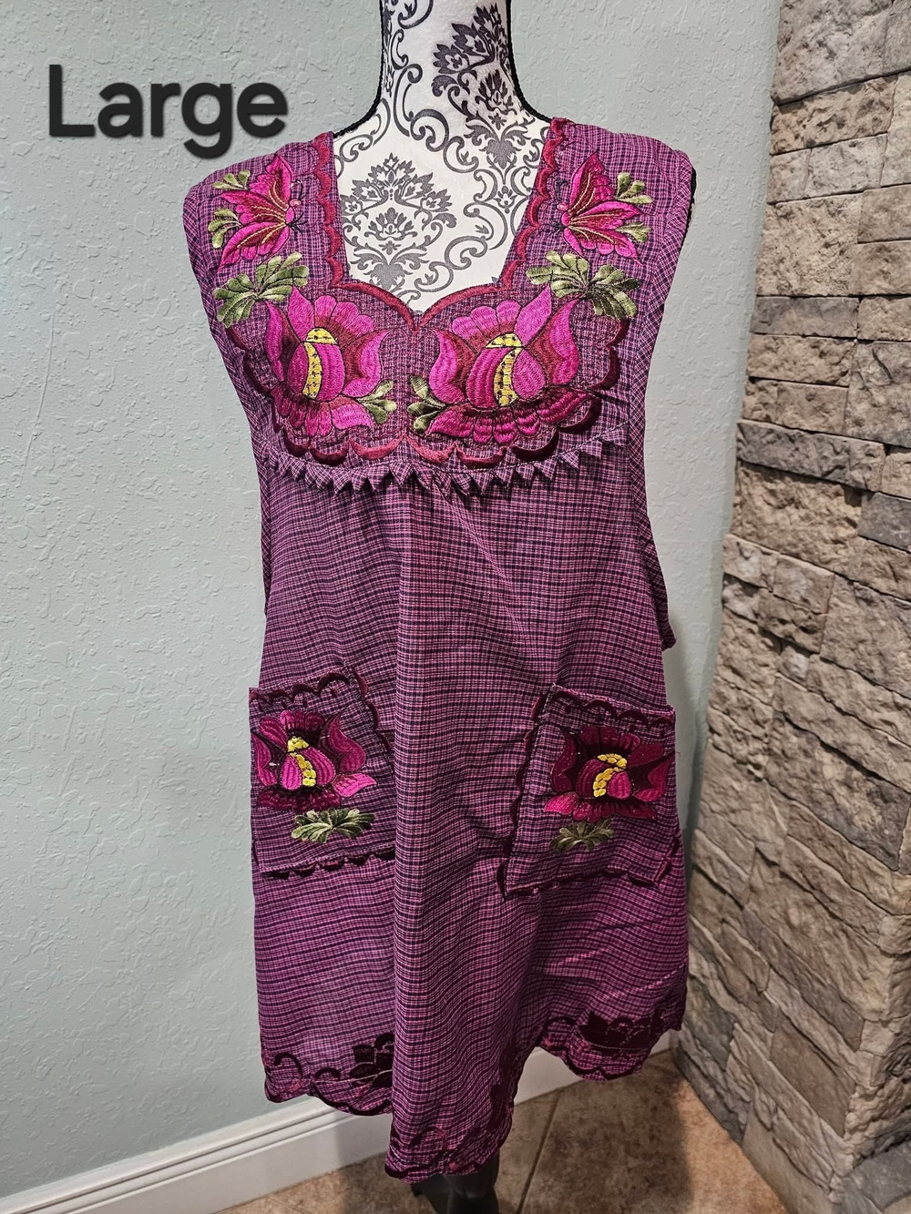 Embroidered Purple Floral Apron. Made In Mexico.